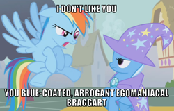 Size: 936x600 | Tagged: safe, edit, edited screencap, editor:twi clown, screencap, rainbow dash, trixie, pegasus, pony, unicorn, boast busters, g4, cape, caption, clothes, duo, female, flying, go to sleep bon bon, hat, hypocrisy, hypocritical humor, image macro, mare, meme, text