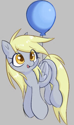 Size: 780x1312 | Tagged: safe, artist:mushy, derpy hooves, pegasus, pony, g4, balloon, eye clipping through hair, female, gray background, mare, open mouth, open smile, simple background, smiling, solo