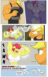 Size: 1519x2426 | Tagged: safe, artist:matchstickman, apple bloom, applejack, earth pony, anthro, matchstickman's apple brawn series, g4, ..., abs, apple brawn, apple sisters, applejack is not amused, applejacked, armpits, bedroom, bicep flex, biceps, breasts, busty apple bloom, busty applejack, clothes, comic, deltoids, dialogue, dumbbell (object), duo, female, flexing, mare, morning, muscles, muscular female, older, older apple bloom, onomatopoeia, pecs, siblings, sisters, sleeping, speech bubble, thighs, thunder thighs, triceps, unamused, waking up, weights, yawn