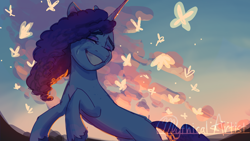 Size: 2560x1440 | Tagged: safe, alternate version, artist:mythical artist, misty brightdawn, butterfly, pony, unicorn, g5, crying, female, grin, mare, rearing, rebirth misty, smiling, solo, sunset, tears of joy