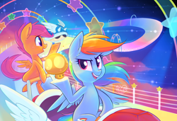 Size: 1200x821 | Tagged: safe, artist:meekcheep, rainbow dash, scootaloo, pegasus, pony, g4, blue shell, crossover, duo, duo female, female, filly, foal, golden mushroom, looking at something, looking at you, mare, mario kart, mario kart double dash, mushroom, open mouth, open smile, rainbow road, scootalove, signature, smiling, smiling at you, spread wings, super mario bros., wings
