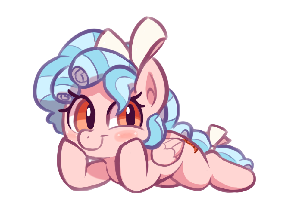 [blushing,bow,colored,female,filly,foal,freckles,looking at you,pegasus,pony,prone,safe,simple background,solo,tail,tail bow,white background,wings,lying down,smiling,hooves on cheeks,cozy glow,artist:deerie]