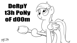 Size: 1200x675 | Tagged: safe, artist:pony-berserker, derpy hooves, pony-berserker's twitter sketches, pony-berserker's twitter sketches (2023), g4, meme reference, pony of doom, simple background, solo, spork, white background