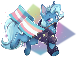 Size: 4096x3075 | Tagged: safe, artist:cutepencilcase, trixie, pony, unicorn, g4, cheek fluff, chest fluff, clothes, ear fluff, eyebrows, female, flag, high res, hoodie, horn, leg fluff, looking at you, mare, mouth hold, pride, pride flag, simple background, solo, sparkles, trans female, trans trixie, transgender, transgender pride flag, transparent background