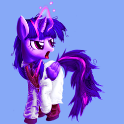 Size: 1280x1280 | Tagged: safe, artist:vultraz, twilight sparkle, alicorn, pony, g4, 2016, blue background, clothes, coat, female, folded wings, glowing, glowing horn, horn, lab coat, magic, magic aura, mare, messy mane, messy tail, necktie, open mouth, raised hoof, scientist, simple background, solo, tail, twilight sparkle (alicorn), wings