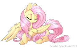 Size: 3000x1855 | Tagged: safe, artist:scarlet-spectrum, fluttershy, pegasus, pony, g4, crossed hooves, cute, eyes closed, female, high res, lying down, mare, one wing out, prone, shyabetes, signature, simple background, smiling, solo, transparent background, turned head, wings