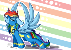Size: 4093x2894 | Tagged: safe, artist:julunis14, rainbow dash, pegasus, pony, g4, clothes, eyes closed, female, floppy ears, goggles, high res, mare, rainbow background, signature, smiling, solo, spread wings, stretching, uniform, wings, wonderbolts uniform