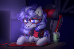 Size: 3000x2000 | Tagged: safe, artist:starlyfly, oc, oc only, oc:cinnabyte, earth pony, pony, bubble tea, chair, computer, computer mouse, computer screen, drink, earth pony oc, eyebrows, eyebrows visible through hair, female, gaming, gaming chair, glasses, headphones, high res, indoors, keyboard, mare, office chair, pigtails, signature, sitting, solo