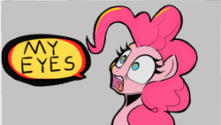Size: 1280x724 | Tagged: safe, artist:ponconcarnal, pinkie pie, earth pony, pony, g4, animated, bust, gray background, my eyes, open mouth, scared, simple background, solo, speech bubble, spongebob squarepants, text, the spongebob squarepants movie