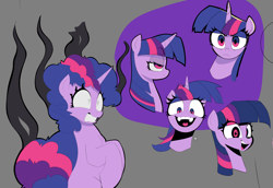 Size: 1524x1047 | Tagged: safe, artist:ponconcarnal, twilight sparkle, pony, unicorn, g4, frown, looking at you, open mouth, possessed, possession, scared, simple background, smiling, solo, unicorn twilight