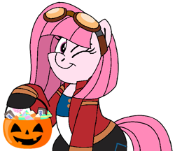 Size: 631x545 | Tagged: safe, artist:muhammad yunus, oc, oc:annisa trihapsari, earth pony, pony, series:the guardian of leadership, basket, candy, clothes, costume, crossover, earth pony oc, female, food, generator rex, goggles, halloween, halloween costume, happy, holiday, jacket, looking at you, mare, one eye closed, pants, rex salazar, simple background, smiling, smiling at you, solo, transparent background, trick or treat