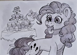 Size: 2048x1470 | Tagged: safe, artist:krista-21, pinkie pie, twilight sparkle, earth pony, pony, unicorn, g4, cupcake, duo, female, food, grayscale, heart, heart eyes, hot sauce, inktober, mare, marker drawing, monochrome, open mouth, traditional art, unicorn twilight, wingding eyes