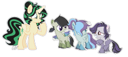 Size: 1967x887 | Tagged: safe, artist:lunerymish, oc, oc only, oc:luneria sparkle, alicorn, pony, base used, colt, female, filly, foal, group, male, mare, offspring, parent:loki laufeyson, parent:oc:twivine sparkle, simple background, transparent background