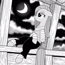 Size: 2048x2048 | Tagged: safe, artist:legendoflink, pinkie pie, earth pony, pony, g4, amputee, bandage, berserk, black and white, crescent moon, female, floppy ears, grayscale, high res, looking up, mare, monochrome, moon, pinkamena diane pie, sarashi, solo