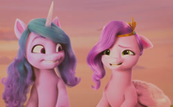 Size: 2154x1338 | Tagged: safe, screencap, izzy moonbow, pipp petals, pegasus, pony, unicorn, g5, my little pony: make your mark, my little pony: make your mark chapter 5, nightmare on mane street, spoiler:g5, spoiler:my little pony: make your mark, spoiler:my little pony: make your mark chapter 5, spoiler:mymc05e06, bright, duo, duo female, female, intense, mare, nervous, nervous smile, smiling, teeth