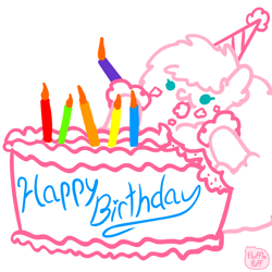 Size: 1000x1000 | Tagged: safe, artist:mixermike622, oc, oc only, oc:fluffle puff, earth pony, original species, pony, birthday cake, birthday candles, cake, eating, female, fluffy, food, hat, mare, party hat, simple background, white background