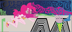 Size: 915x410 | Tagged: safe, artist:polorenzielephant, pinkie pie, equestria girls, g4, beach, clothes, female, fire, gun, hallucination, hand, mask, one-piece swimsuit, pinkie pie's swimsuit, sandals, sniffer, spicy, surreal, swimsuit, weapon, yellow submarine