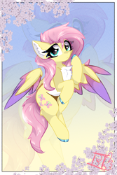 Size: 2000x3000 | Tagged: safe, artist:jubyskylines, fluttershy, pegasus, pony, g4, chest fluff, colored hooves, colored wings, colored wingtips, countershading, cute, ear fluff, female, flying, gradient wings, high res, looking at you, mare, multicolored coat, multicolored wings, pale belly, raised hoof, shyabetes, signature, solo, spread wings, two toned coat, unshorn fetlocks, white belly, wings, zoom layer