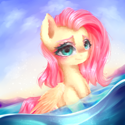 Size: 2000x2000 | Tagged: safe, artist:anieliy, artist:anieliy_, fluttershy, pegasus, pony, g4, colored eyebrows, eyebrows, female, fluffy, folded wings, high res, looking at you, mare, ocean, solo, swimming, water, wings