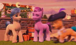 Size: 1710x1018 | Tagged: safe, screencap, hitch trailblazer, earth pony, pony, g5, my little pony: make your mark, my little pony: make your mark chapter 5, nightmare on mane street, spoiler:g5, spoiler:my little pony: make your mark, spoiler:my little pony: make your mark chapter 5, spoiler:mymc05e06, animated, background pony, captain hitch, carrot blend (g5), clothes, costume, excited, fake moustache, feather, hat, head shake, lookie uppie, male, nightmare night costume, pirate, pirate costume, pirate hat, poster, stallion, throwing, uninterested, unknown pony, webm