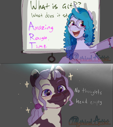 Size: 2560x2882 | Tagged: safe, artist:mythical artist, idw, izzy moonbow, violette rainbow, pony, unicorn, g5, alternate hairstyle, dreadlocks, duo, female, filly, foal, glasses, high res, mare, no thoughts head empty, open mouth, open smile, round glasses, slideshow, smiling, vitiligo