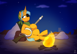 Size: 1436x1010 | Tagged: safe, artist:redxbacon, oc, oc only, oc:penny, pony, unicorn, fallout equestria, banjo, campfire, camping, commission, eyepatch, fallout, female, fire, gun, horn, mcbrude family, multiple horns, musical instrument, sitting, solo, travelling, unicorn oc, weapon