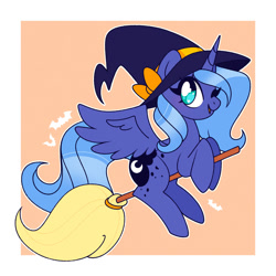 Size: 1500x1500 | Tagged: safe, artist:vivian reed, princess luna, alicorn, pony, g4, border, broom, cute, female, flying, flying broomstick, halloween, hat, heart, heart eyes, holiday, lunabetes, mare, one eye closed, open mouth, open smile, orange background, passepartout, riding, s1 luna, simple background, smiling, solo, spread wings, wingding eyes, wings, witch hat