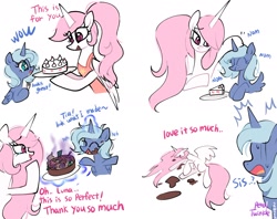 Size: 2048x1623 | Tagged: safe, artist:petaltwinkle, part of a set, princess celestia, princess luna, alicorn, pony, g4, alternate hairstyle, apron, cake, cakelestia, chewing, clothes, comic, cute, cutelestia, dialogue, drool, duo, duo female, eating, emanata, eye clipping through hair, eyebrows, eyebrows visible through hair, eyes closed, female, filly, filly luna, food, fork, glowing, glowing horn, head pat, hidden eyes, hoof hold, horn, lethal chef, levitation, long horn, looking at each other, looking at someone, lunabetes, magic, magnetic hooves, mare, nervous sweat, onomatopoeia, open mouth, open smile, pink-mane celestia, ponytail, royal sisters, sibling love, siblings, signature, simple background, sisterly love, sisters, smiling, smiling at each other, spread wings, starry eyes, sweat, sweatdrop, talking, teary eyes, telekinesis, this will end in tears and/or breakfast, wall of tags, white background, wingding eyes, wings, woona, you tried, young celestia, young luna, younger