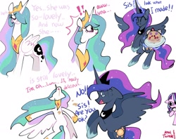 Size: 2048x1623 | Tagged: safe, artist:petaltwinkle, part of a set, princess celestia, princess luna, starlight glimmer, alicorn, earth pony, pony, unicorn, a royal problem, g4, bags under eyes, blue coat, blue text, blushing, comic, crown, crying, cup, drool, duo, duo focus, emanata, ethereal mane, ethereal tail, exclamation point, eye clipping through hair, eyebrows, eyebrows visible through hair, female, floppy ears, folded wings, food, food coma, glowing, glowing horn, hair over one eye, hoof hold, hoof shoes, horn, jewelry, lethal chef, levitation, long mane, long tail, lying down, magic, mare, open mouth, open smile, pancakes, peytral, pink coat, pink eyes, pink text, prank fail, princess shoes, profile, raised hooves, rearing, regalia, royal sisters, sibling love, siblings, signature, simple background, sisterly love, sisters, smiling, spread wings, standing, standing on two hooves, starry mane, starry tail, swapped cutie marks, sweat, sweatdrop, tail, teacup, teardrop, teary eyes, telekinesis, text, this will end in tears and/or breakfast, tiara, trio, trio female, two toned mane, two toned tail, wall of tags, wavy mane, wavy tail, white background, white coat, wide eyes, wingding eyes, wings