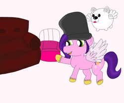 Size: 6047x5036 | Tagged: safe, artist:pinkiepie69, cloudpuff, pipp petals, dog, flying pomeranian, pegasus, pomeranian, pony, g5, couch, hat, meme, pink background, simple background, solo, top hat, winged dog