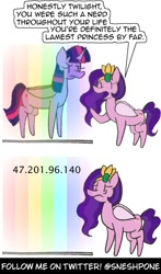 Size: 1000x1700 | Tagged: safe, artist:sneshpone, pipp petals, twilight sparkle, alicorn, pegasus, pony, g5, angry, dialogue, frown, ip address, rainbow, twilight sparkle (alicorn)