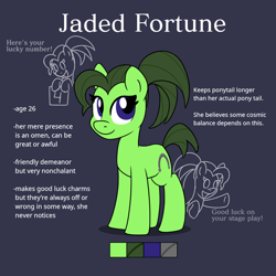 Size: 900x900 | Tagged: safe, artist:unitxxvii, oc, oc:jaded fortune, earth pony, pony, blue background, female, looking at you, mare, reference sheet, simple background, smiling, smiling at you, solo