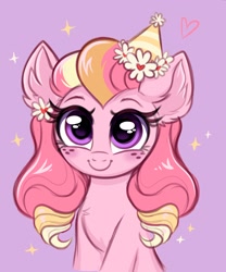 Size: 2144x2573 | Tagged: safe, artist:confetticakez, oc, oc only, oc:honeycrisp blossom, earth pony, pony, g4, ear fluff, female, filly, flower, flower in hair, foal, freckles, hat, heart, high res, looking at you, offspring, parent:big macintosh, parent:princess cadance, parents:cadmac, party hat, purple background, simple background, smiling, smiling at you, solo