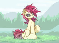 Size: 4096x3014 | Tagged: safe, artist:jfrxd, roseluck, earth pony, pony, g4, eyebrows, eyebrows visible through hair, female, grass, high res, looking at you, mare, mountain, outdoors, raised hoof, simple background, sitting, sky, smiling, smiling at you, solo