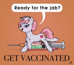 Size: 4096x3593 | Tagged: safe, artist:docwario, nurse redheart, earth pony, pony, g4, blushing, hat, nurse hat, open mouth, pinup, ponytober 2023, simple background, speech bubble, syringe, tongue out, vaccination