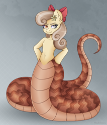 Size: 4628x5421 | Tagged: safe, artist:madelinne, oc, oc only, oc:dandelion "buttercup", lamia, original species, semi-anthro, absurd resolution, angry, arm hooves, belly button, bow, female, flower, flower in hair, hair bow, mare, simple background, solo