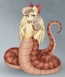Size: 4628x5421 | Tagged: safe, alternate version, artist:madelinne, oc, oc only, oc:dandelion "buttercup", lamia, original species, semi-anthro, absurd resolution, angry, arm hooves, belly button, bow, female, flower, flower in hair, hair bow, mare, simple background, solo, wings