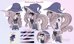 Size: 3836x2289 | Tagged: safe, artist:2pandita, oc, oc:sucelle, bat pony, pony, female, hat, high res, mare, neck bow, reference sheet, solo, witch hat