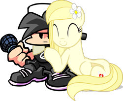 Size: 4596x3772 | Tagged: safe, artist:tankman, oc, oc only, oc:chris, oc:daisy heart, human, pegasus, pony, ^^, adobe animate, black hair, black shirt, bruh, cute, daisy (flower), duo, eyes closed, flower, friday night funkin', happy, hug, human and pony, human oc, looking at you, microphone, ocbetes, pegasus oc, serious, serious face, simple background, smiling, tail, transparent background, yellow mane, yellow skin, yellow tail