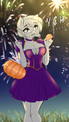 Size: 1000x1760 | Tagged: safe, artist:jerraldina, pony, anthro, absolute cleavage, big breasts, breasts, cleavage, clothes, commission, dress, female, fireworks, halloween, holiday, night, pumpkin, solo, your character here