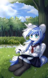 Size: 1800x2907 | Tagged: source needed, safe, artist:yilo, oc, oc only, oc:ori, pony, unicorn, book, clothes, forest, school uniform, solo, tree, under the tree, water