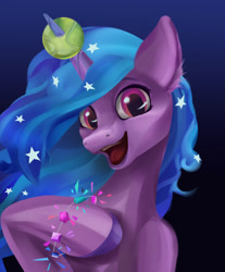 Size: 807x975 | Tagged: safe, artist:polnocnykot, izzy moonbow, pony, unicorn, g5, ball, bracelet, ear fluff, female, gradient background, happy, horn, horn impalement, hornball, izzy's tennis ball, jewelry, looking at you, mare, open mouth, open smile, smiling, smiling at you, stars, teeth, tennis ball, two toned hair, two toned mane, wavy mane