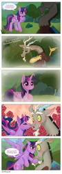Size: 3040x8417 | Tagged: safe, alternate version, artist:daffolyn, edit, editor:zcord, discord, twilight sparkle, alicorn, pony, comic:discordant intentions, comic:discordant intentions (version 2), g4, the ending of the end, absurd resolution, antlers, blushing, bowing, cheek kiss, close-up, commissioner:zcord, female, flashback, flower, flowing hair, flowing mane, grass, hair grab, hair pulling, heart, hoof on chest, horn, kissing, male, outdoors, outline, raised hoof, rose, scene interpretation, ship:discolight, shipping, shocked, shocked expression, shojo, signature, sparkles, straight, text edit, tsundere, tsunlight sparkle, twilight sparkle (alicorn), white outline