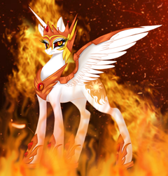Size: 3920x4079 | Tagged: safe, artist:nightingalewolfie, daybreaker, alicorn, pony, g4, black background, concave belly, crown, digital art, ethereal mane, ethereal tail, eyelashes, fangs, feather, female, fire, flowing mane, flowing tail, gem, helmet, high res, hoof shoes, horn, jewelry, looking at you, mane of fire, mare, peytral, regalia, simple background, solo, spread wings, tail, tail of fire, teeth, unamused, wings, yellow eyes