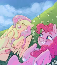Size: 1500x1700 | Tagged: safe, artist:abbytabbys, fluttershy, pinkie pie, earth pony, pegasus, pony, g4, belly, blushing, concave belly, crossed hooves, cute, duo, duo female, eyebrows, eyelashes, female, floppy ears, flower, hoof heart, hooves, laughing, lying down, mare, on back, open mouth, outdoors, smiling, teeth, underhoof, unshorn fetlocks