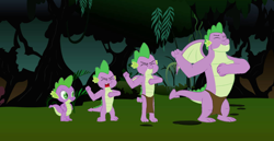 Size: 1582x818 | Tagged: safe, artist:alexeigribanov, artist:swiftgaiathebrony, spike, dragon, g4, season 9, the last problem, adult, adult spike, age progression, caveman, chest beating, chest pounding, evolution, evolution chart, eyes closed, gigachad spike, jungle, loincloth, muscles, older, older spike, open mouth, pokémon, tarzan, teenage spike, teenaged dragon, teenager, winged spike, wings