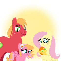 Size: 1400x1400 | Tagged: safe, artist:mlplary6, big macintosh, fluttershy, oc, oc:autumn crisp, oc:melody blossom, earth pony, pegasus, pony, g4, baby, baby pony, colt, family, female, filly, flower, flower in hair, foal, husband and wife, looking at each other, looking at someone, male, mare, newborn, offspring, parent:big macintosh, parent:fluttershy, parents:fluttermac, ship:fluttermac, shipping, siblings, smiling, smiling at each other, stallion, straight