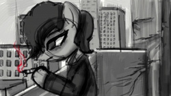 Size: 1920x1080 | Tagged: safe, artist:menalia, pinkie pie, earth pony, pony, g4, the saddle row review, animated, balcony, city, clone, clothes, female, hat, mare, pinkie clone, smoking, tired, webm, wip