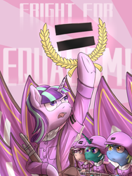 Size: 1536x2048 | Tagged: safe, artist:soursweet cheese, starlight glimmer, earth pony, pony, unicorn, g4, bag, clothes, communism, friendship is a lie, helmet, military uniform, propaganda, stalin glimmer, uniform