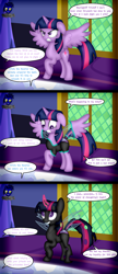 Size: 5376x12462 | Tagged: safe, artist:damlanil, twilight sparkle, alicorn, changeling, pony, g4, bad end, brainwashed, changelingified, comic, commission, fangs, female, horn, implied starlight glimmer, implied trixie, link in description, magic, magic aura, mare, purple changeling, raised hoof, show accurate, solo, species swap, speech bubble, spread wings, story included, text, transformation, transformation sequence, twilight sparkle (alicorn), twilight's castle, twiling, vector, wings